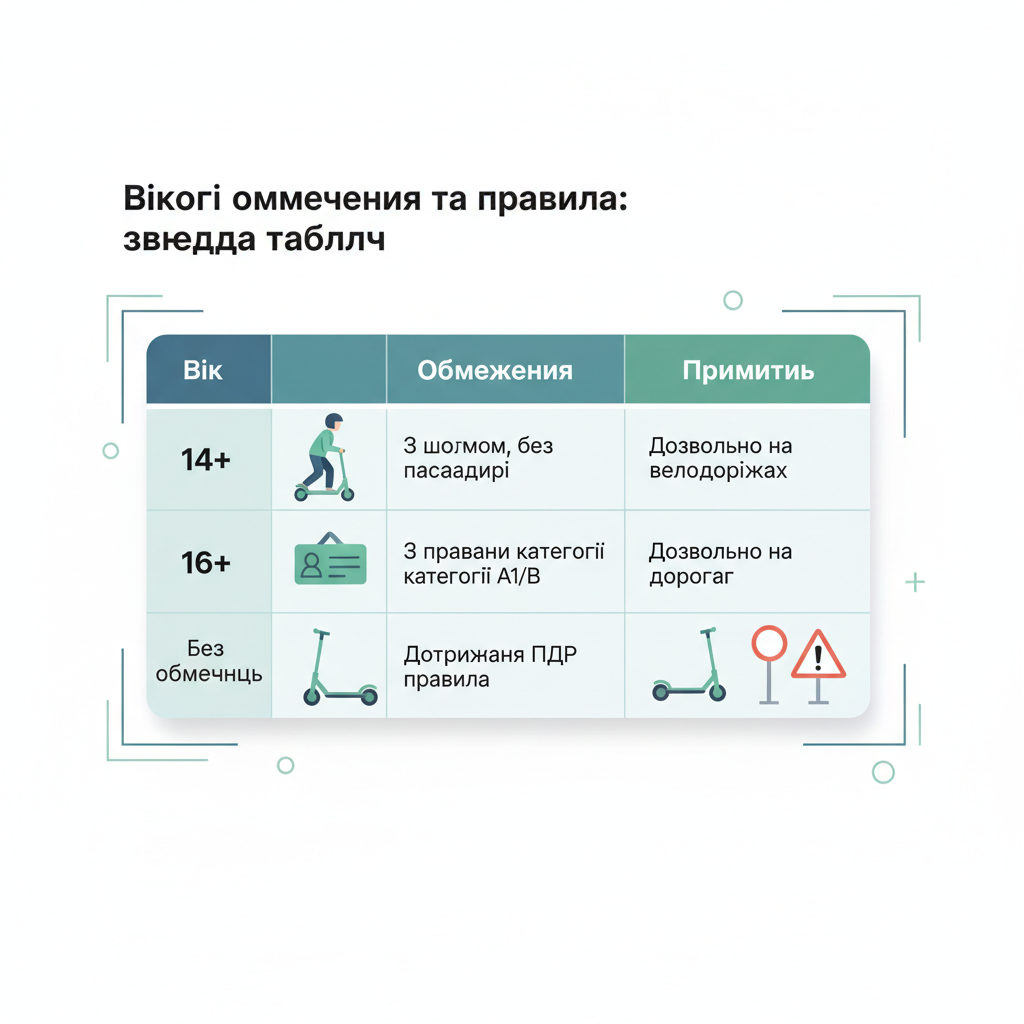 Вікові обмеження та правила: зведена таблиця — иллюстрация к статье «зі скількох років можна їздити на електросамокаті»